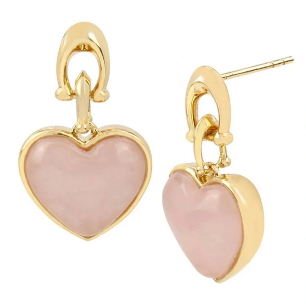 COACH Semi-precious Rose Quartz Heart Drop gold-tone‎ Signature C link Earrings - Picture 5 of 5